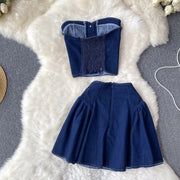 Denim Tube Top Two-Piece Skirt Set