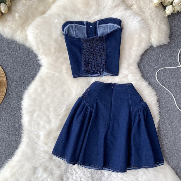 Denim Tube Top Two-Piece Skirt Set