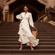 Elegant White Layered Ruffles Satin Dress