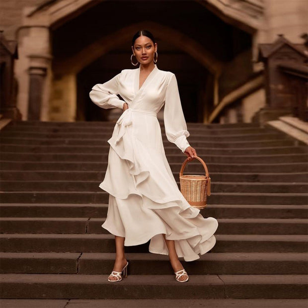 Elegant White Layered Ruffles Satin Dress