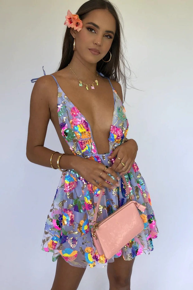 V Backless Sequins Floral Dresses