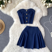 Denim Tube Top Two-Piece Skirt Set