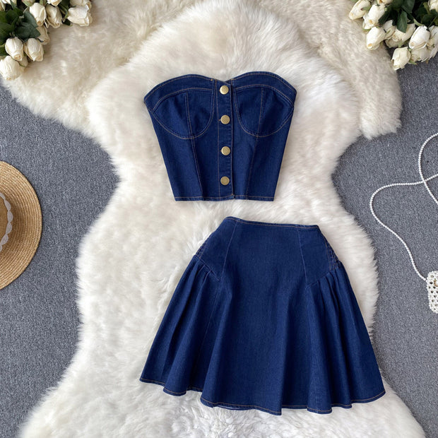Denim Tube Top Two-Piece Skirt Set