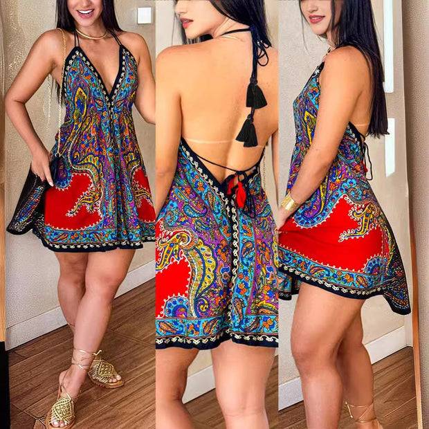 Retro Printed V-neck Dress Women