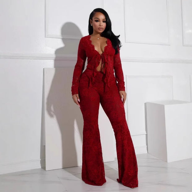 Women's Sexy Lacing Hollow Cardigan Two-Piece Pants Suit
