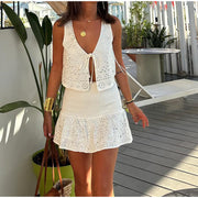 Sleeveless Hollow Out Tied Top Stitching Holiday Short Dress Suit