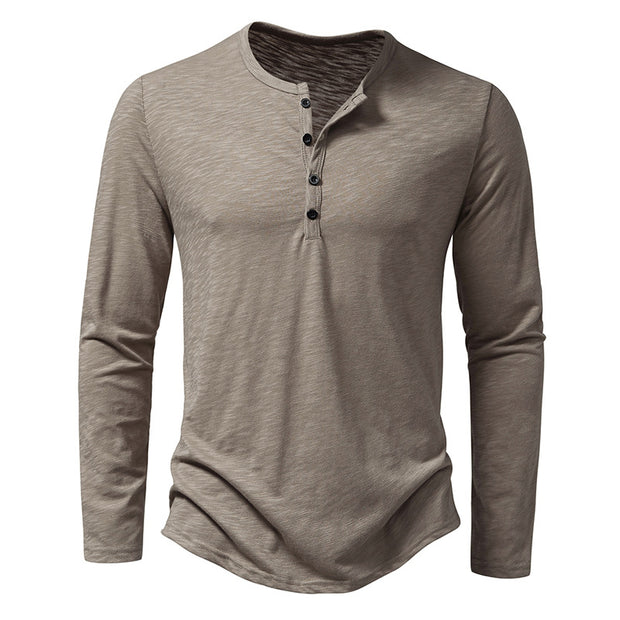 Mens Clothing Long Sleeve T-shirt Fashion Button Henry Collar Tops