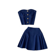 Denim Tube Top Two-Piece Skirt Set