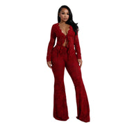 Women's Sexy Lacing Hollow Cardigan Two-Piece Pants Suit
