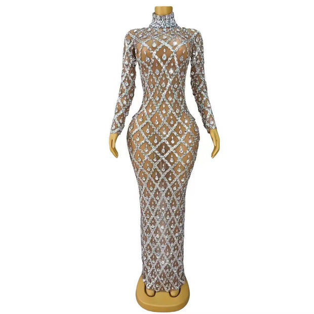 Sexy Luxury Teardrop Rhinestone See-Through Mesh Dress