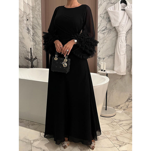 Pleated Waist Open Sleeve Long Sleeve Dress