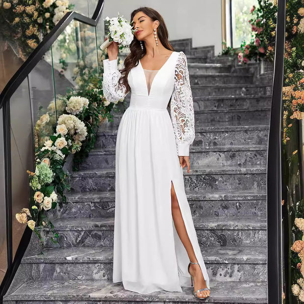 New Solid Wedding/Evening Long Sleeved Dress