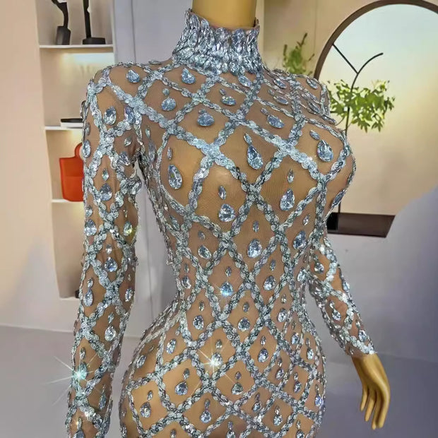 Sexy Luxury Teardrop Rhinestone See-Through Mesh Dress