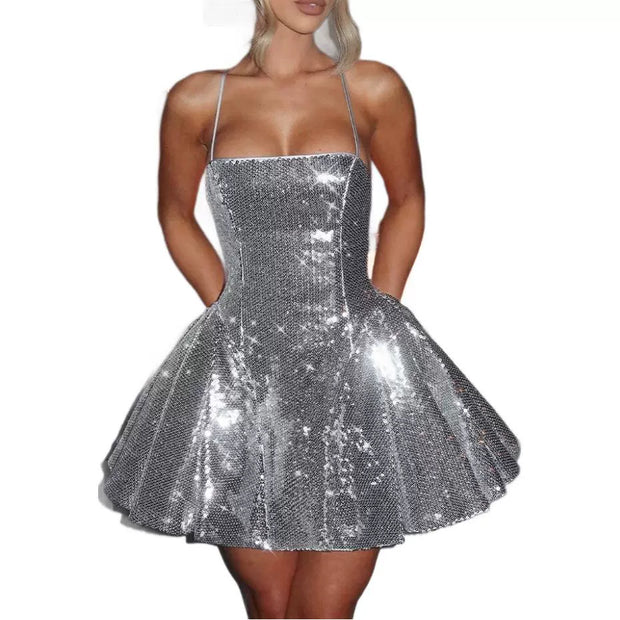 Sexy Women Clothing Strap Hot Girl Rhinestone A- Line Skirt