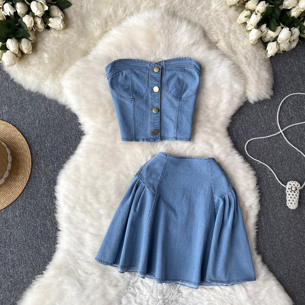 Denim Tube Top Two-Piece Skirt Set
