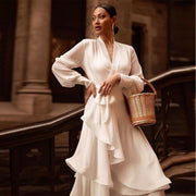 Elegant White Layered Ruffles Satin Dress