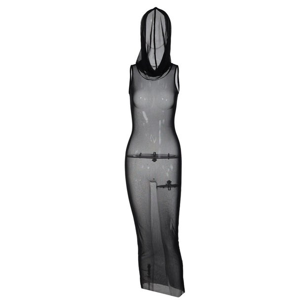 Women's Spring Clothing New Sleeveless Hooded Mesh See-through Dress