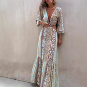 Printed V-neck Midriff Outfit Lace Long Sleeve Dress