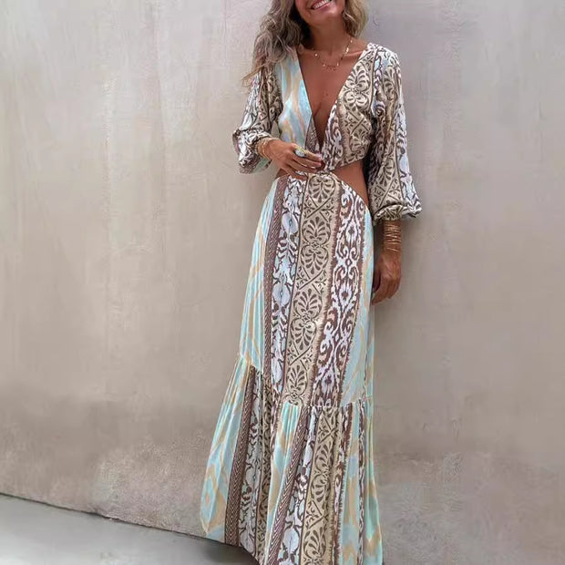 Printed V-neck Midriff Outfit Lace Long Sleeve Dress