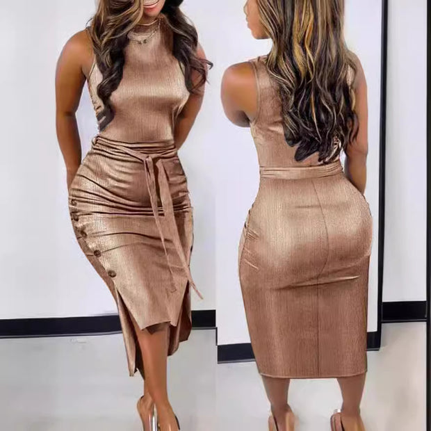 Golden Bronze Buttoned Fitted Dress