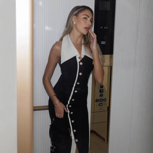 Elegant Sleeveless Buttoned One-Step Dress