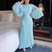 Pleated Waist Open Sleeve Long Sleeve Dress