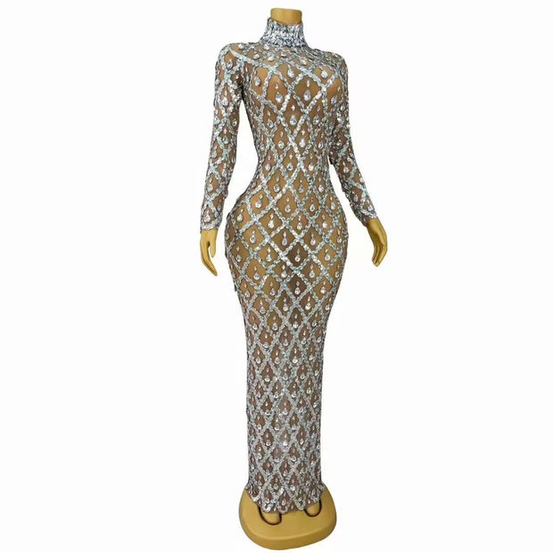 Sexy Luxury Teardrop Rhinestone See-Through Mesh Dress