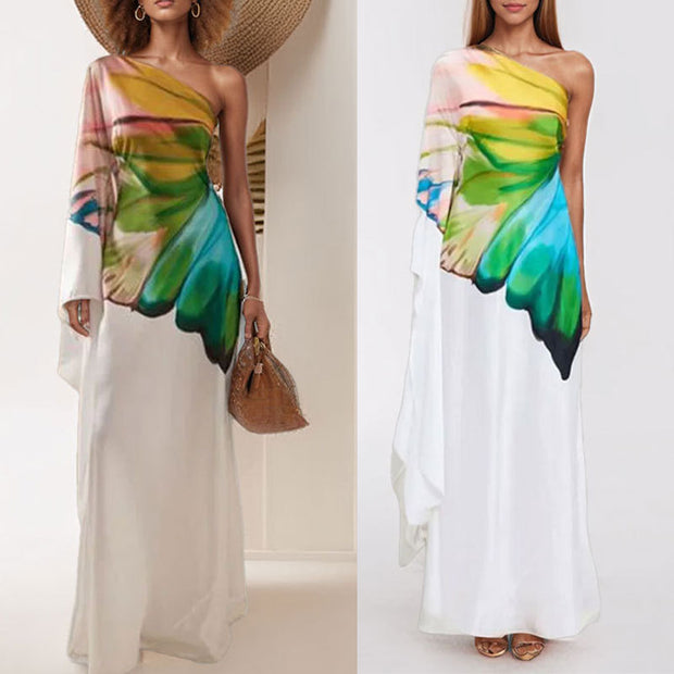 Elegant Satin One-Shoulder Butterfly Dress