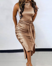 Golden Bronze Buttoned Fitted Dress