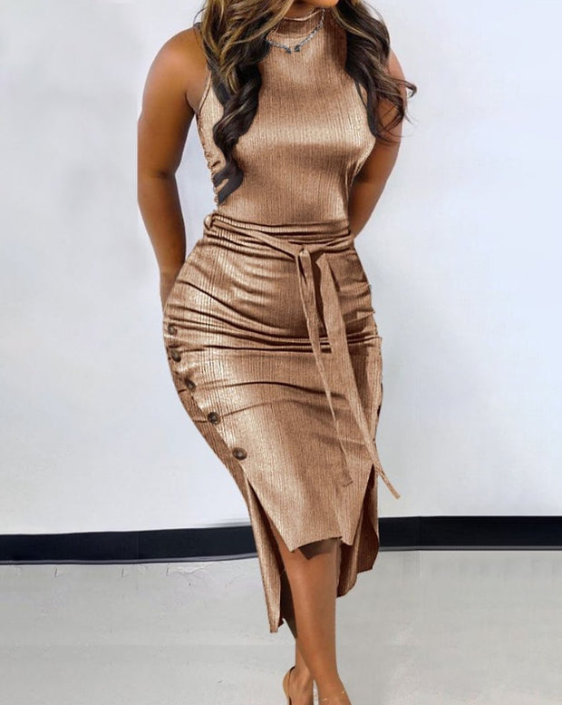 Golden Bronze Buttoned Fitted Dress