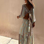 Printed V-neck Midriff Outfit Lace Long Sleeve Dress