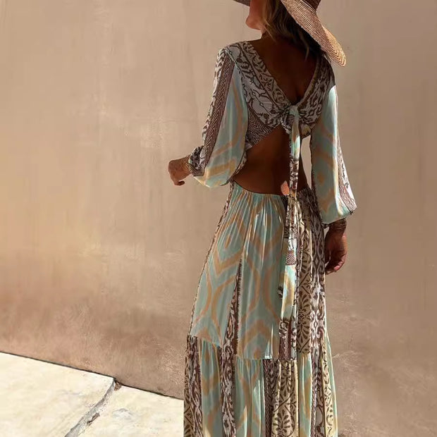 Printed V-neck Midriff Outfit Lace Long Sleeve Dress