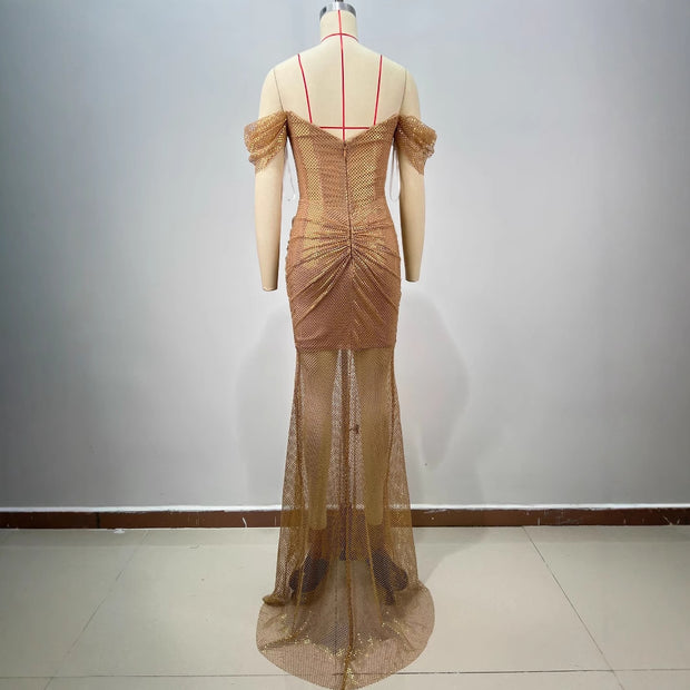Elegant Fashionable Golden Off-shoulder Backless Slim Fit Pleated Long And Floor Dress