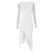 Round Neck Mesh Stitching Long Sleeve Split Ruffled Dress