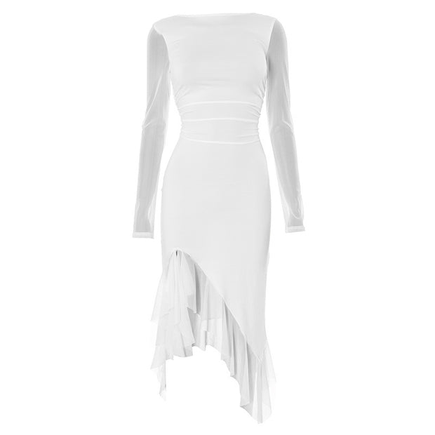 Round Neck Mesh Stitching Long Sleeve Split Ruffled Dress