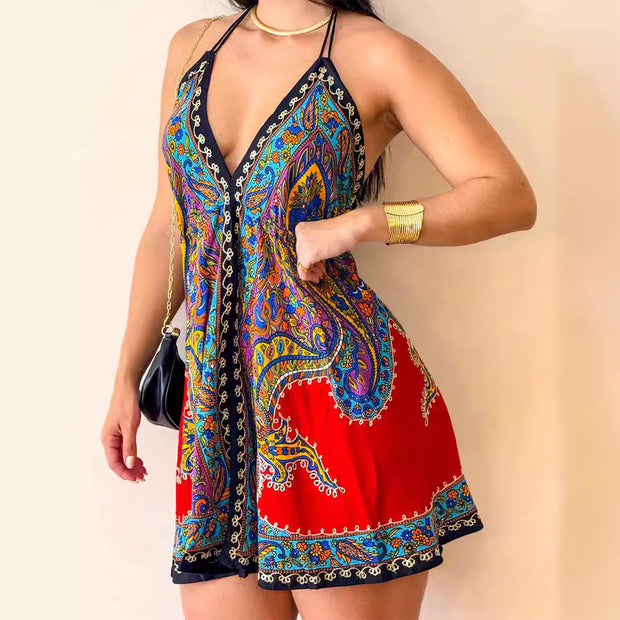 Retro Printed V-neck Dress Women