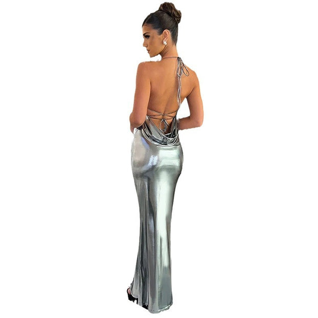 Pure Glossy Gold Backless Dress