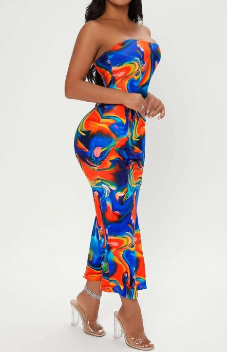Ladies' Multi-Colored Printed Strapless Side Slit Slim Fit Dress With Slimming Effect And Hip Hugging Design