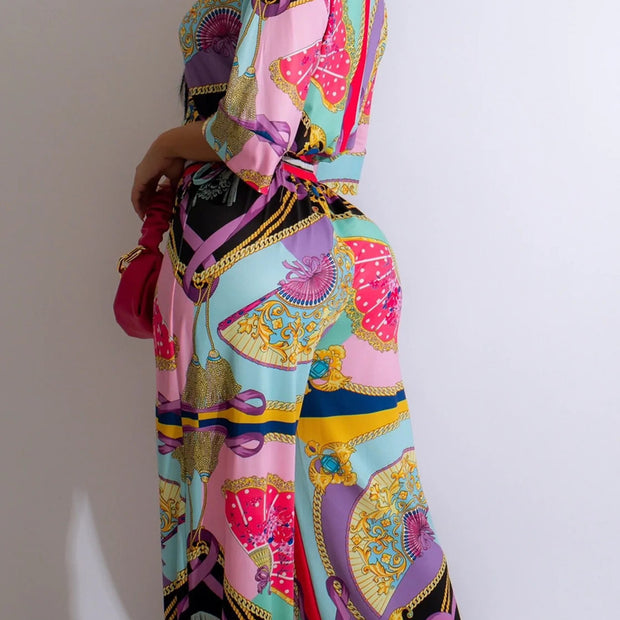 Women's Fan Patterned Pants Suit