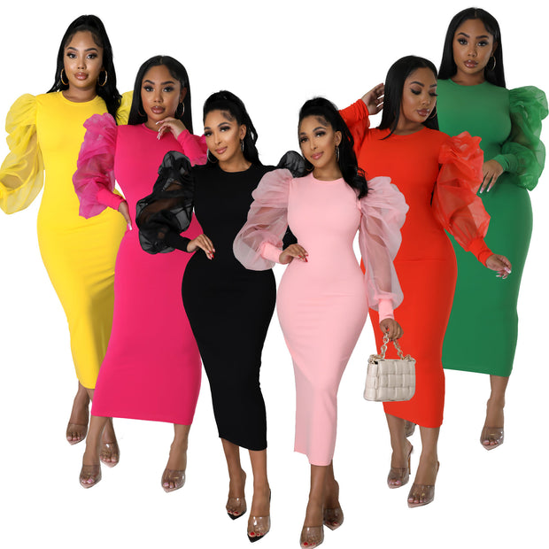 Mesh Puff Sleeve Elegant Slim Fit Dress