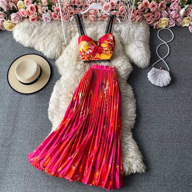 Seaside Holiday Floral Print Spaghetti-Strap Camisole Top Sleeveless Two-piece Suit