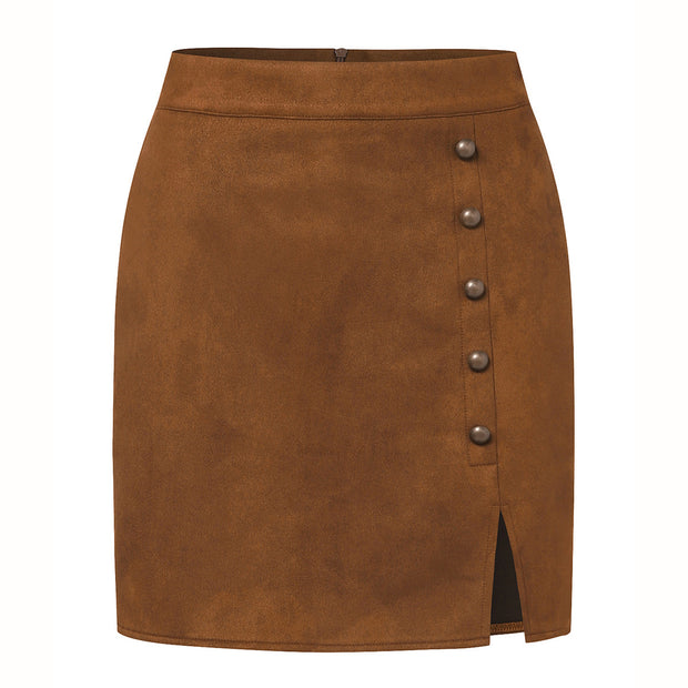 Women's Solid Color Suede High Waist Metal Buckle Skirt