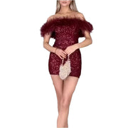 Feather Sequins Evening Dress