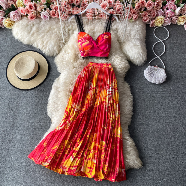 Seaside Holiday Floral Print Spaghetti-Strap Camisole Top Sleeveless Two-piece Suit