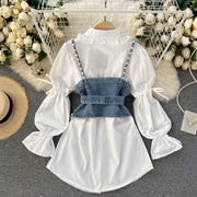 Diamond Beaded Puff Sleeve Shirt Top Tassel Pearl Sling Vest Two-Piece Set