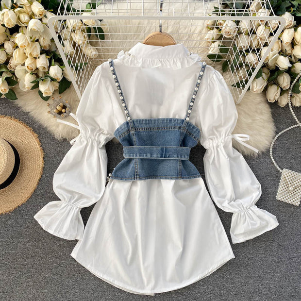 Diamond Beaded Puff Sleeve Shirt Top Tassel Pearl Sling Vest Two-Piece Set