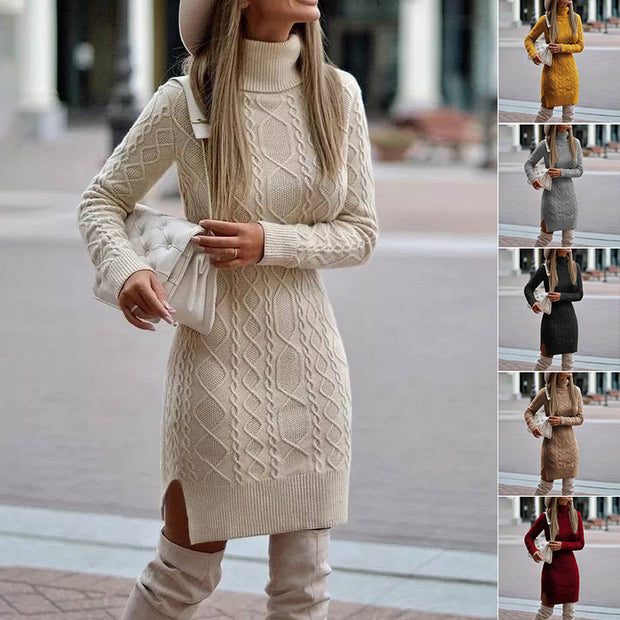 Solid Color Winter Warm Turtleneck Knitted Dress