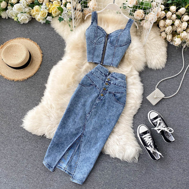 Short Camisole High Waist Denim Skirt