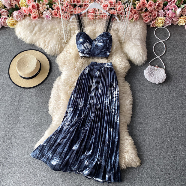 Seaside Holiday Floral Print Spaghetti-Strap Camisole Top Sleeveless Two-piece Suit