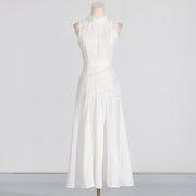 Round Neck Sleeveless Waist Lace Stitching Solid Color Dress